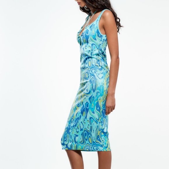 ZARA RETRO LAVA PRINTED STRETCH BANDAGE KNIT JACQUARD MIDI DRESS - Picture 5 of 11